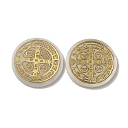 Religion Natural White Shell Cabochons, with Gold Foil, Flat Round with Cross of Saint Benedict, Gold, 20x2.5mm(SSHEL-M022-10A)