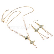 Butterfly Brass Micro Pave Cubic Zirconia Jewelry Set, Brass Cable Chains Pendant Necklace & Dangle Earrings, with Natural Cultured Freshwater Pearl Beads and Brass Earring Hooks, Golden,  20.87 inch(53cm), 89mm, Pin: 0.7mm(SJEW-JS01124)