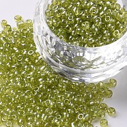 Glass Seed Beads, Trans. Colours Lustered, Round, Yellow Green, 3mm, Hole: 1mm, about 1111pcs/50g, 50g/bag, 18bags/2pounds(SEED-US0003-3mm-104)