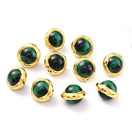 Natural Tiger Eye Beads, with Golden Brass Edge, Dyed, Round, Green, 15.5~17x15.5~16x12.5mm, Hole: 0.8mm(G-B011-06G-A)