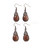 Synthetic Goldstone Teardrop Dangle Earrings, Red Copper Plated Brass Earrings for Women, 48x15mm(EJEW-B055-01R-19)