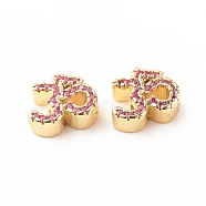 Rack Plating Brass Cubic Zirconia Beads, Cadmium Free & Lead Free, Real 18K Gold Plated, Ohm/Yoga Symbol, Hot Pink, 11x10x4mm, Hole: 1.5mm(KK-B051-04G-01)