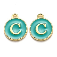 Golden Plated Alloy Enamel Charms, Enamelled Sequins, Flat Round with Alphabet, Letter.C, Green, 14x12x2mm, Hole: 1.5mm(ENAM-Q437-15C)