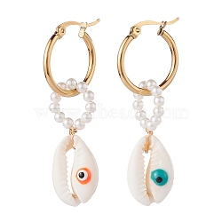 Shell Pearl Beaded Dangle Hoop Earrings, Natural Cowrie Shell with Evil Eye Long Drop Asymmetrical Earrings for Women, Golden, Mixed Color, 53mm, Pin: 0.7mm(EJEW-TA00042)