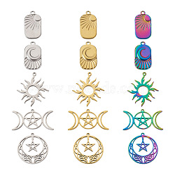 PandaHall Jewelry 30Pcs 15 Style 304 Stainless Steel Pendants, Star & Moon & Sun, Mixed Color, 19~28x14~35x1~2mm, Hole: 1.2~2mm, 2pcs/style(STAS-PJ0001-36)