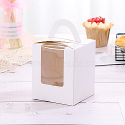 Foldable Individual Kraft Paper Cake Box, Bakery Single Cupcake Packing Box, Rectangle with Clear Window and Handle, White, 91x92x110mm(BAKE-PW0001-443A)
