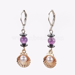 Natural Amethyst and Non-Magnetic Synthetic Hematite Leverback Earrings, with Shell Alloy Charms, Acrylic Pearl and Brass Leverback Earring Findings, 46~47mm, Pendant: 32x12mm(EJEW-JE02818-03)