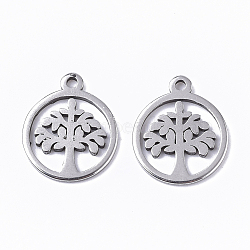 201 Stainless Steel Charms, Flat Round with Tree of Life, Stainless Steel Color, 12x10x1mm, Hole: 1mm(STAS-T050-020P)