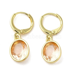 Real 18K Gold Plated Brass Dangle Leverback Earrings, with Oval Glass, PeachPuff, 27x10mm(EJEW-L268-001G-02)