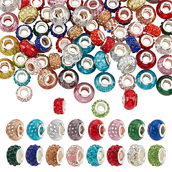 100Pcs 2 Style Polymer Clay Rhinestone & Resin European Large Hole Beads with Silver Color Plated Brass Cores, Rondelle, Mixed Color, 11~14x7~9.5mm, Hole: 5mm, 50pcs/style(FPDL-NB0001-04)