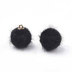 Faux Mink Fur Covered Pendants, with Brass Findings, Round, Golden, Black, 14x12mm, Hole: 1mm(WOVE-S115-02A)