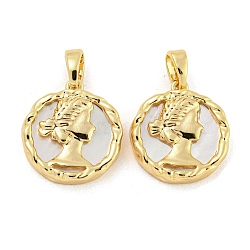 Brass Pave Shell Pendants, Flat Round with Women Charm, Real 18K Gold Plated, 16x15x3.5mm, Hole: 4.8x2.7mm(KK-G490-36G)
