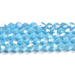 Opaque Solid Color Electroplate Glass Beads Strands, AB Color Plated, Faceted, Bicone, Deep Sky Blue, 4x4mm, Hole: 0.8mm, about 87~98pcs/strand, 12.76~14.61 inch(32.4~37.1cm)(X1-GLAA-F029-P4mm-A12)