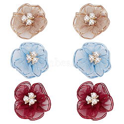 6Pcs 3 Colors Flower Alloy & Rhinestones & Gauze Shoe Buckle Clips, Shoe Decoration, Mixed Color, 50x55mm, 2pcs/color(HJEW-HY00030)