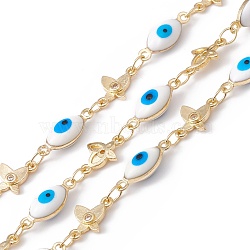 Handmade Eco-friendly Brass Enamel Horse Eye & Butterfly Link Chain, with Cubic Zirconia, Real 18K Gold Plated, Lead Free & Cadmium Free, Soldered, with Spool, Deep Sky Blue, 13x5x4mm, 10.5x6.5x1mm(CHC-E025-34G)