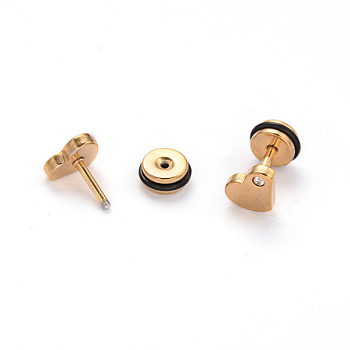 304 Stainless Steel Heart Earlobe Plugs, Screw Back Earrings, with Rhinestone, Golden, 8x6mm, Pin: 1mm