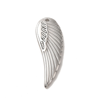 304 Stainless Steel Pendants, with Crystal Rhinestone, Wing Charm, Stainless Steel Color, 31x11x2.5mm, Hole: 1.5mm