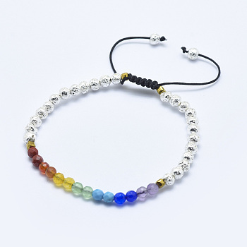 Electroplated Natural Lava Rock Braided Bead Bracelets, with Mixed Gemstone and Nylon Cord, Faceted, Silver Color Plated, 2-1/8 inch(5.5cm)~3-1/4 inch(8.3cm)