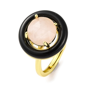 Rack Plating Round Brass Enamel Adjustable Rings, Natural Rose Quartz Finger Rings for Women, Golden, 18x18mm, Inner Diameter: 17mm