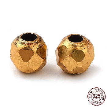 925 Sterling Silver Beads, Faceted Round, Antique Golden, 4mm, Hole: 1.5mm