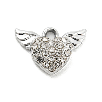 UV Plating Alloy Rhinestone Pendants, Heart with Wings Charms, Platinum, 11.5x16.5x3.5mm, Hole: 1.8mm