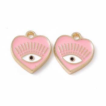 Alloy Enamel Pendants, Golden, Heart with Eye Charm, Pink, 14.5x13x1.5mm, Hole: 1.6mm