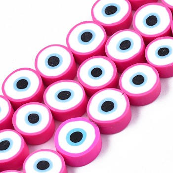 Handmade Polymer Clay Beads Strands, Flat Round with Evil Eye, Camellia, 8~11x4mm, Hole: 1.2mm, about 40pcs/strand, 13.98 inch~ 15.35inch(35.5cm~39cm)