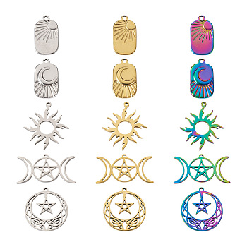PandaHall Jewelry 30Pcs 15 Style 304 Stainless Steel Pendants, Star & Moon & Sun, Mixed Color, 19~28x14~35x1~2mm, Hole: 1.2~2mm, 2pcs/style