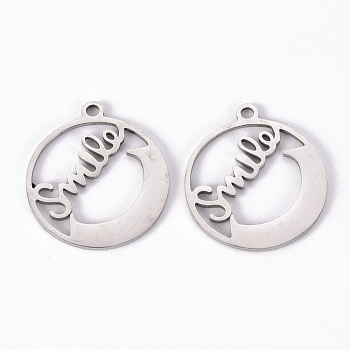 201 Stainless Steel Pendants, Laser Cut Pendants, Flat Round with Smile, Stainless Steel Color, 20x18x1mm, Hole: 1.6mm