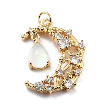 Brass Micro Pave Cubic Zirconia Pendants, with Glitter Powder Glass & Jump Ring, Long-Lasting Plated, Real 18K Gold Plated, Moon & Teardrop, Lead Free & Cadmium Free, White, 27.5x20x5mm, Jump Ring: 5x0.7mm, Inner Diameter: 3.6mm, Teardrop: 12x7x5mm