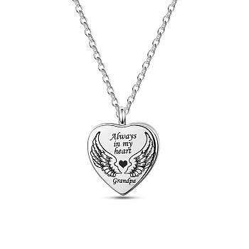 Grandpa Always in My Heart Wing Urn Pendant Necklace, Heart Ashes Urn Necklace, Memorial Jewelry, Stainless Steel Color, 20.87 inch(53cm) 