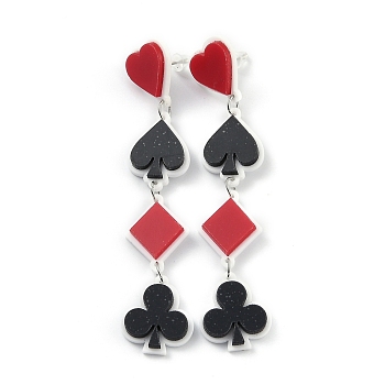 Plastic Dangle Stud Earrings, with Iron Findings and Plastic Ear Nuts, Playing Card, Platinum, Colorful, 95mm, Pin: 0.8mm