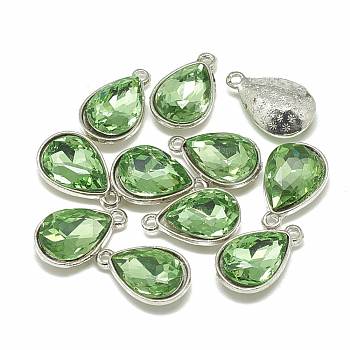 Alloy Glass Pendants, Faceted, teardrop, Platinum, Light Green, 19x12x6mm, Hole: 1.5mm