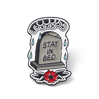 Word Stay In Bed Enamel Pin, Electrophoresis Black Alloy Gothic Tombstone Brooch for Backpack Clothes, Dark Gray, 37x22.5x1.5mm, Pin: 1mm