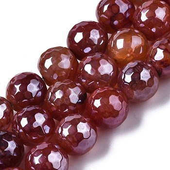 Natural Agate Beads Strands, Pearl Luster Plated, Faceted, Round, Indian Red, 12mm, Hole: 1.6mm, about 30~33pcs/strand, 13.70~15.75 inch(34.8~40cm)