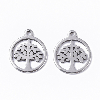201 Stainless Steel Charms, Flat Round with Tree of Life, Stainless Steel Color, 12x10x1mm, Hole: 1mm