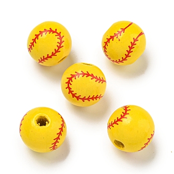 Printed Wood European Beads, Round, Baseball, 15.5~16mm, Hole: 4~4.5mm