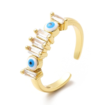 Enamel Evil Eye & Cubic Zirconia Open Cuff Ring, Real 18K Gold Plated Brass Jewelry for Women, Dodger Blue, US Size 7 3/4(17.9mm)