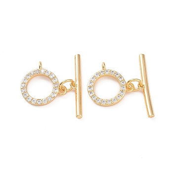 Brass Micro Pave Clear Cubic Zirconia Toggle Clasps, Ring, Real 18K Gold Plated, Bar: 21.5x4x2mm, Hole: 1mm, Ring: 12x13x3mm, Hole: 1.5mm