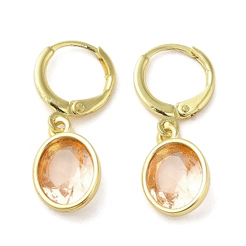 Real 18K Gold Plated Brass Dangle Leverback Earrings, with Oval Glass, PeachPuff, 27x10mm