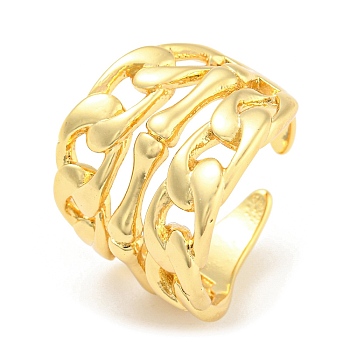 Rack Plating Brass Hollow Curb Chains Open Cuff Rings, Long-Lasting Plated, Lead Free & Cadmium Free, Real 18K Gold Plated, Inner Diameter: 17mm