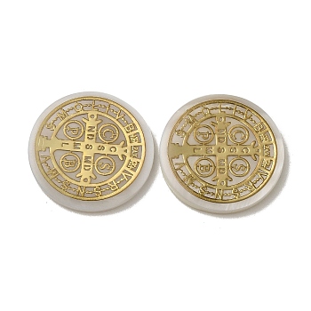 Religion Natural White Shell Cabochons, with Gold Foil, Flat Round with Cross of Saint Benedict, Gold, 20x2.5mm