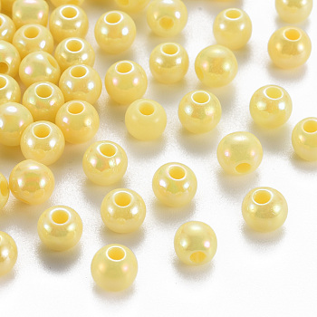 Opaque Acrylic Beads, AB Color Plated, Round, Yellow, 6x5mm, Hole: 1.8mm, about 4400pcs/500g