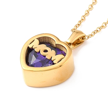 Mom Necklace for Birthday Mother's Day Gift, Heart Cubic Zirconia Pendant Necklace, 304 Stainless Steel Necklace, Golden, Purple, 17.72 inch(45cm)