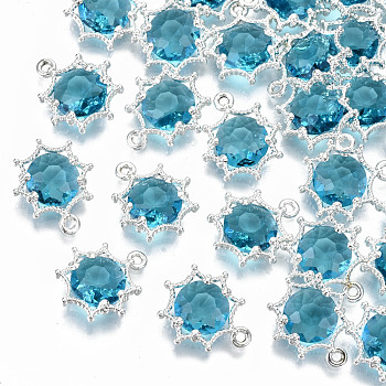 Faceted Glass Pendants, with Eco-Friendly Alloy Findings, Cadmium Free & Nickel Free & Lead Free, Faceted, Flower, Silver, Deep Sky Blue, 15x13x4mm, Hole: 1.6mm