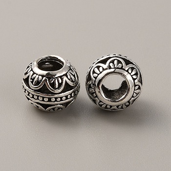 Tibetan Style Alloy European Beads, Large Hole Beads, Rondelle with Flower, Antique Silver, 11x9mm, Hole: 5mm