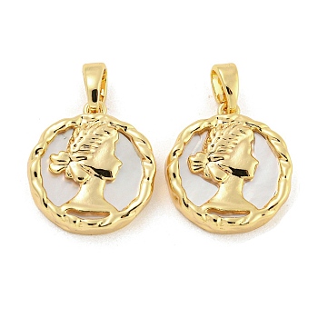 Brass Pave Shell Pendants, Flat Round with Women Charm, Real 18K Gold Plated, 16x15x3.5mm, Hole: 4.8x2.7mm