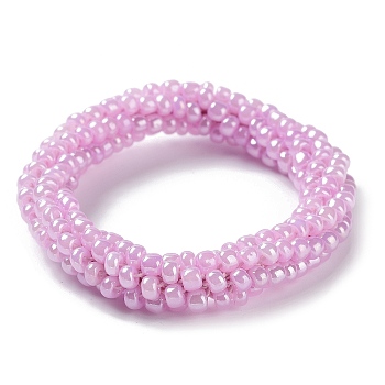 Crochet Glass Beads Braided Stretch Bracelet, Nepel Boho Style Bracelet, Plum, Inner Diameter: 1-3/4 inch(4.5cm)
