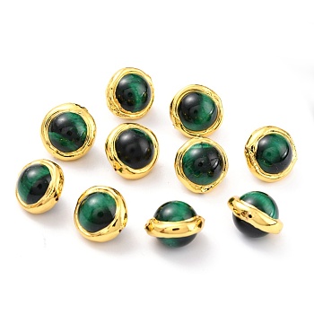 Natural Tiger Eye Beads, with Golden Brass Edge, Dyed, Round, Green, 15.5~17x15.5~16x12.5mm, Hole: 0.8mm