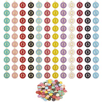 120Pcs 12 Colors Golden Plated Alloy Charms, with Enamel, Enamelled Sequins, Flat Round with Letter, Letter.O, 14x12x2mm, Hole: 1.5mm, 10pcs/color